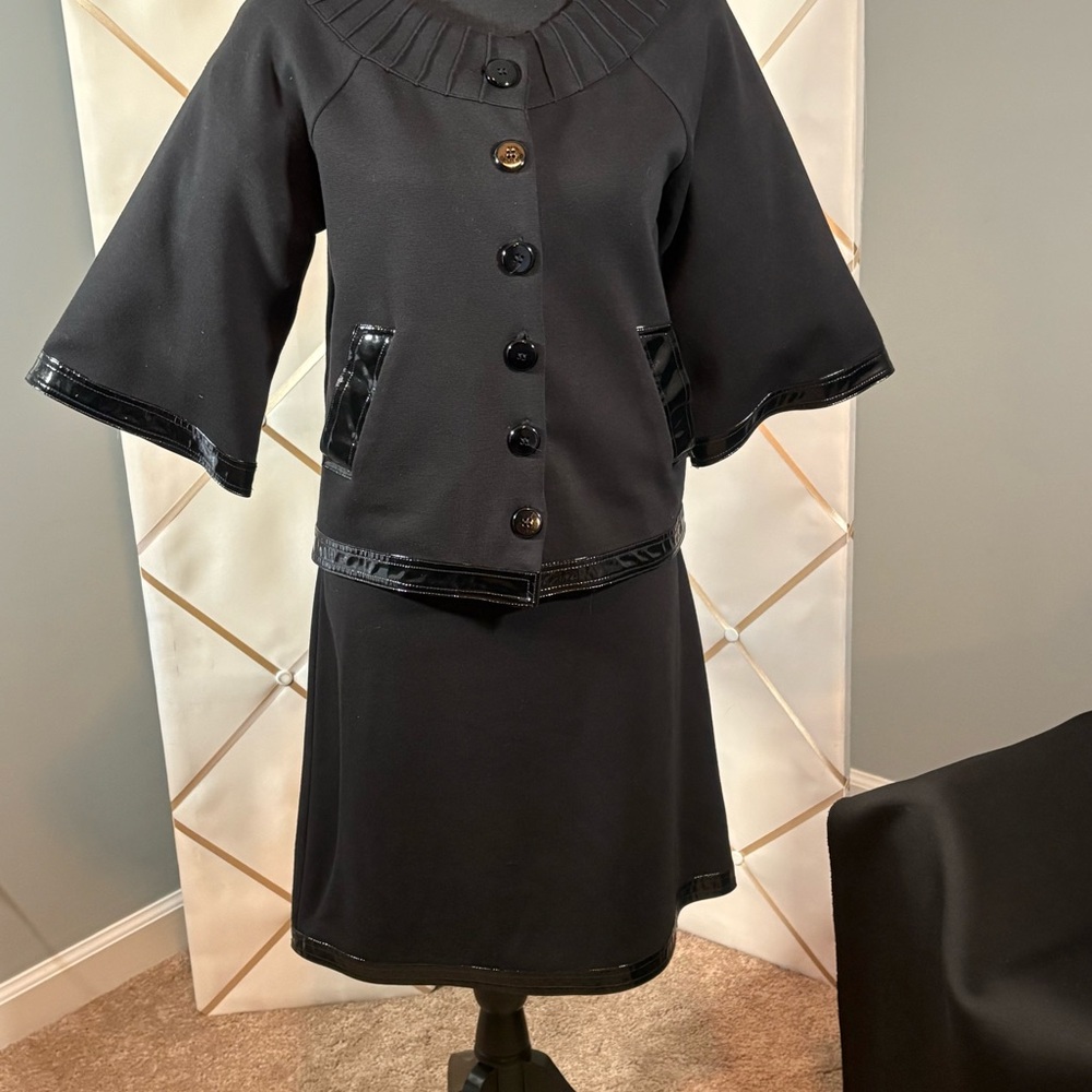 Kenar Elegant Black Suit SZ 8 Faux Patent Leather Trim
